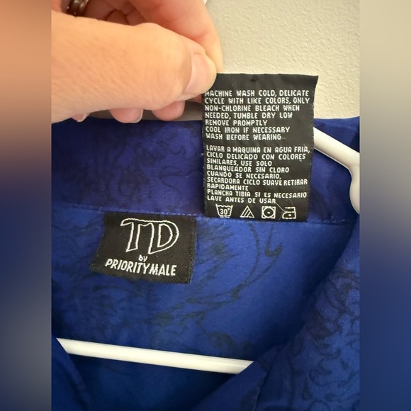 TD By Priority Male Fire Dragon Button Up Shirt Men’s SZ XL Short Sleeve Blue - Picture 3 of 7